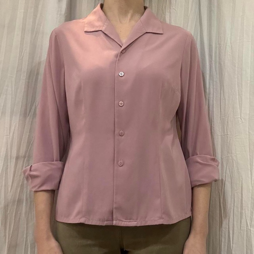 Dusty Pink Button Down Blouse Vintage 90s Roll Up Long Sleeves - Picture 2 of 8